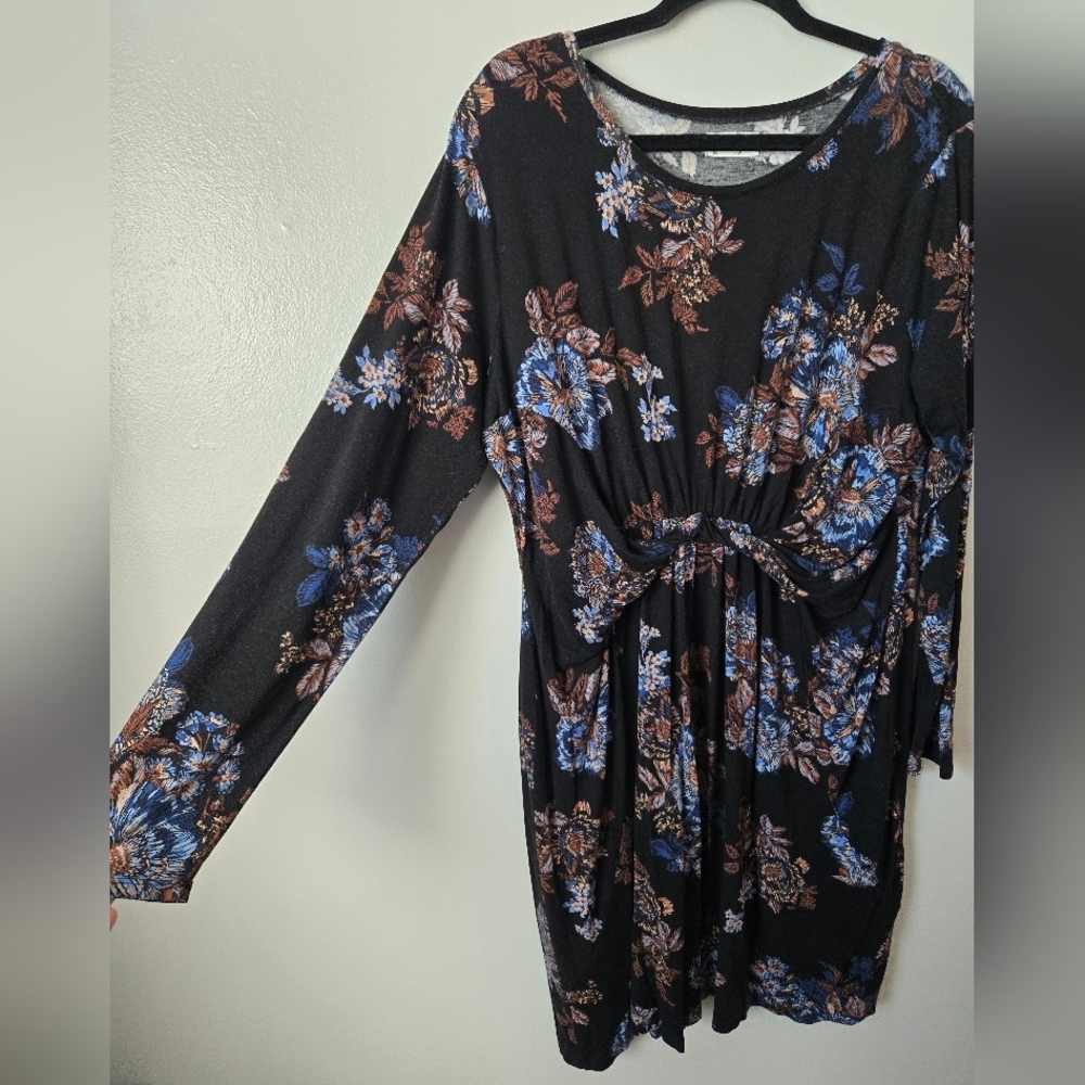Maurices Black Floral Knot Front Dress Long Sleeve Knit Midi Faux Wrap Size XXL - Picture 3 of 5